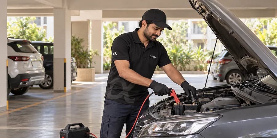 A Rotto mechanic in the black uniform jump-starting a car battery with jumper cables