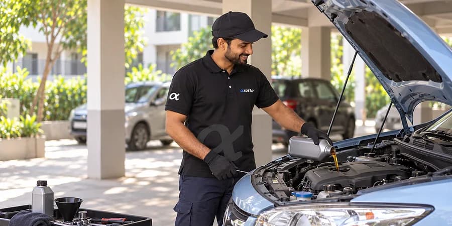 A Rotto mechanic in the black uniform pouring engine oil under an open bonnet