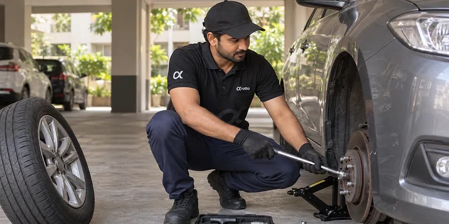A Rotto mechanic in the black uniform fixing a flat tyre with the wheel off the car