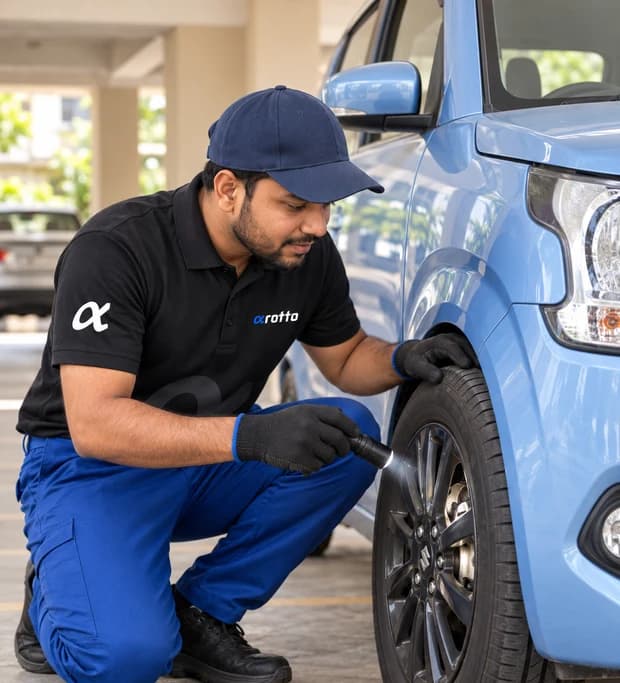 A Rotto mechanic examining a wheel and brake area with a torch