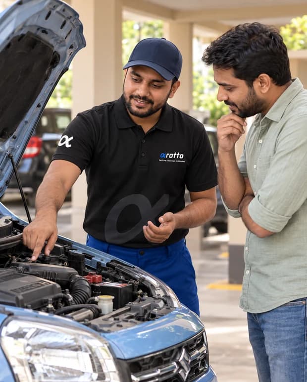 A Rotto mechanic checking an open bonnet while the customer looks on