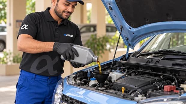 A Rotto mechanic pouring engine oil into a funnel under an open bonnet
